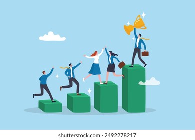 Team growth, growing business success, employee engagement, career progress, achievement or challenge, corporate ladder, motivation to win together concept, business people climb up growth graph.