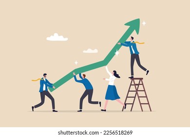 Team growth, teamwork to help improve working and achieve success, work together or cooperate to increase efficiency concept, business people help pushing green graph and chart arrow rising up.