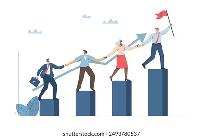 Team growth, Teamwork towards shared success, Partner or colleague support, Business cooperation concept, Leaders with flags join hands with team and climb the growth graph. Vector design.