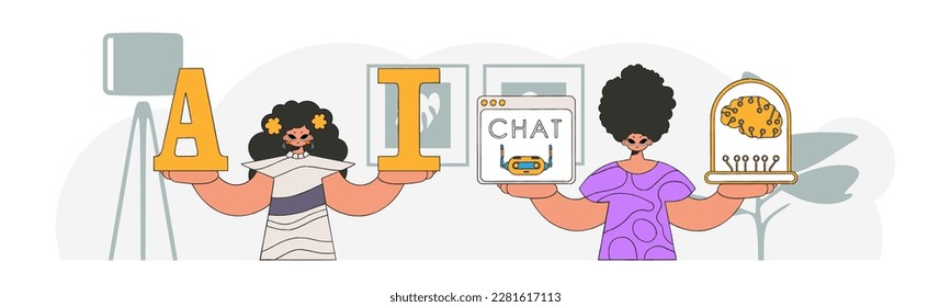 Team of guy and girl AI, trendy style, illustrated in vector look.