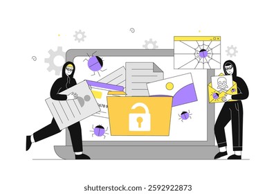 Team of hackers. Two men in black hoodie near computer with files and folders. Identity theft and personal data stealing. Hacker attack and danger on Internet. Linear vector illustration