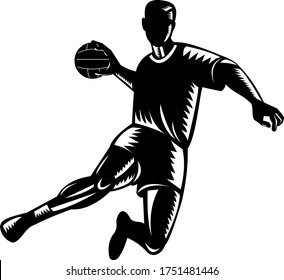 Team Handball Player Jumping Scoring Woodcut Black and White