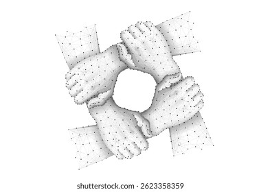 Team hands concept. Together network, unity support, community connect, society strength, teamwork collaboration, four people, technology logo, team work group, cooperation partnership.