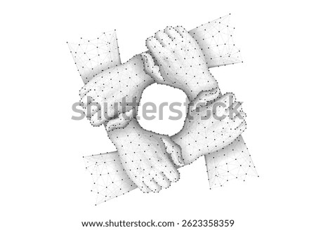 Team hands concept. Together network, unity support, community connect, society strength, teamwork collaboration, four people, technology logo, team work group, cooperation partnership.