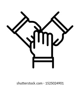 Team hands icon. Three hands holding together team work. Simple design. Line vector. Isolate on white background.