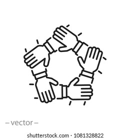 team hands together, business partnership concept, line icon vector