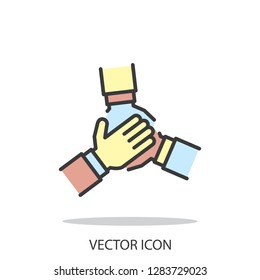 team hands together, business partnership concept, line icon vector