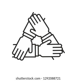 Team Hands Together, Business Partnership Vector Illustration Concept, Line Icon Vector. Three Hands Support Each Other, Concept Of Teamwork