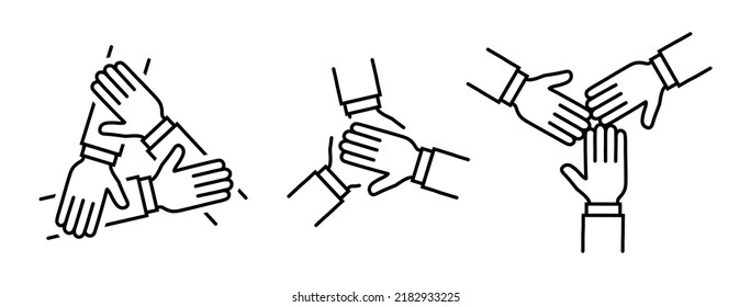 Team hands together icon set. Teamwork symbol. Simple business partnership sign isolated on white. Abstract cooperation icon in black Modern flat vector illustration for graphic design, logo, Web, app