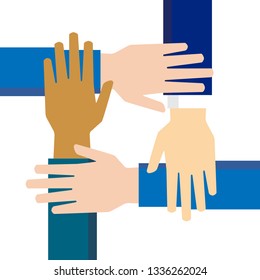 Team hands together or joining people concept icon. Teamwork hand in working group, business partnership idea or people connecting work emblem