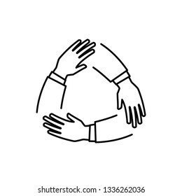 Team hands together or joining people concept icon. Teamwork hand in working group, business partnership idea or people connecting work emblem