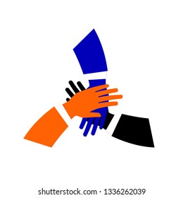 Team hands together or joining people concept icon. Teamwork hand in working group, business partnership idea or people connecting work emblem