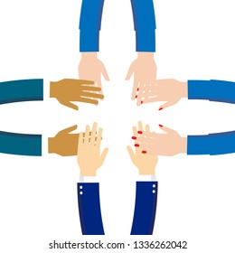 Team hands together or joining people concept icon. Teamwork hand in working group, business partnership idea or people connecting work emblem