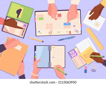 Team hands top view. Business people seating at table holding sketchbooks and diary garish vector cartoon background