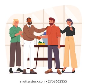 Apretón de manos de Equipo, apoyando con palmaditas en el hombro felicitando a los colegas masculinos logros profesionales que muestran una dinámica positiva en la Ilustración vectorial compartida de la escena de dibujos animados del espacio de trabajo de oficina