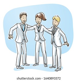 Team of happy business people. Concept of working together and solving problems in teamwork. Hand drawn cartoon sketch vector illustration, whiteboard marker style coloring. 