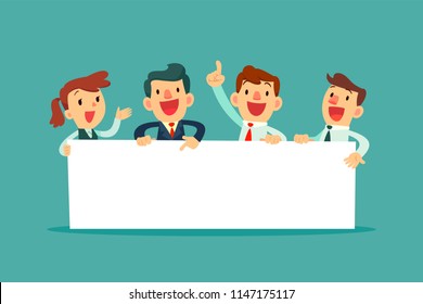 Team of happy business people holding blank board. Business presentation or announcement