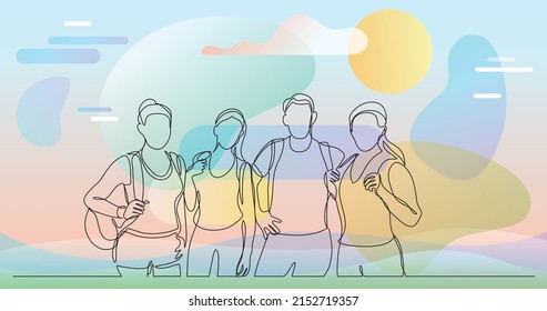 team of happy campers with backpacks standing together - one line drawing