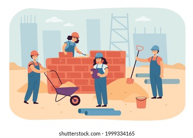 Team of happy children working as constructors. Flat vector illustration. Boys and girls in construction overalls building brick wall at construction site. House, building, game, profession concept