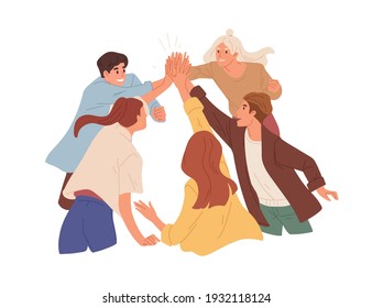 Team Of Happy Colleagues Giving High Five, Celebrating Achievement, Victory And Success. Concept Of Unity, Partnership And Togetherness. Colored Flat Vector Illustration Isolated On White Background