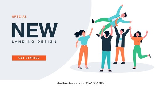 Team of happy colleagues tossing up in air winner businessman. People celebrating victory flat vector illustration. Achievement, success concept for banner, website design or landing web page
