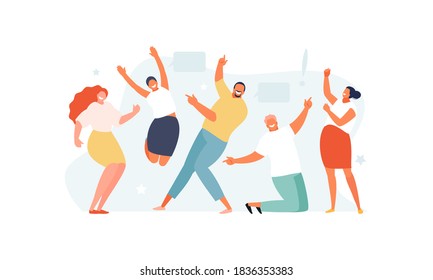 Team of happy dancing and jumping business people. Success and victory. Vector illustration for web, social media