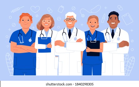 Team of happy doctors and nurses. Health care workers. Vector illustration in flat style