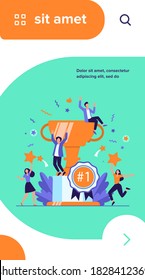 Team of happy employees winning award and celebrating success. Business people enjoying victory, getting gold cup trophy. Vector illustration for reward, prize, champions concepts