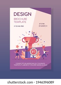 Team of happy employees winning award and celebrating success. Business people enjoying victory, getting gold cup trophy. Vector illustration for reward, prize, champions concepts