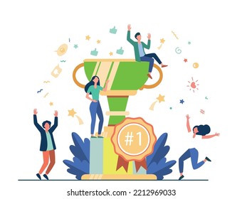 Team of happy employees winning award and celebrating success. Business people enjoying victory, getting gold cup trophy. Vector illustration for reward, prize, champions concepts
