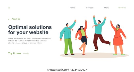 Team of happy office workers jumping from joy or victory. Professional business people smiling and laughing flat vector illustration. Success, teamwork concept for banner or landing web page