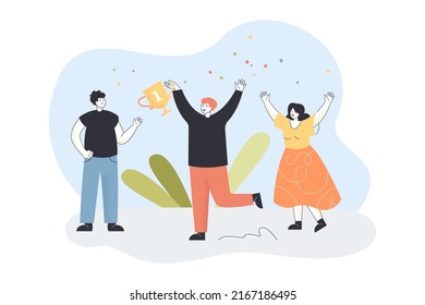 Team of happy people celebrating victory. Excited male winner holding trophy for first place flat vector illustration. Success, achievement concept for banner, website design or landing web page