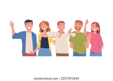 Team of Happy People Character Standing Together Waving Hand and Smiling Vector Illustration