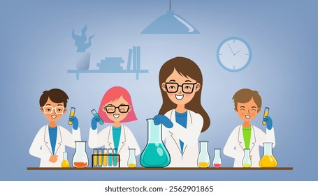 A team of happy scientists or students works in a chemistry lab with beakers and test tubes. This fun cartoon concept represents teamwork, research, and STEM education.