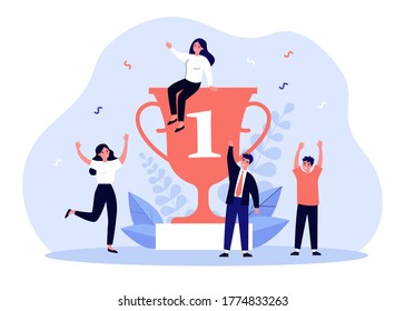 Team of happy winners celebrating around award trophy. Group of people winning champion cup. Vector illustration for corporate success, successful teamwork, victory concept