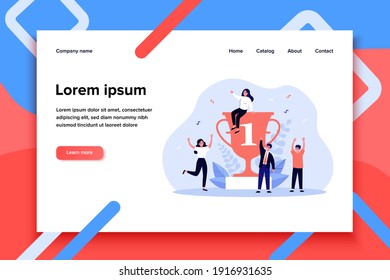Team of happy winners celebrating around award trophy. Group of people winning champion cup. Vector illustration for corporate success, successful teamwork, victory concept
