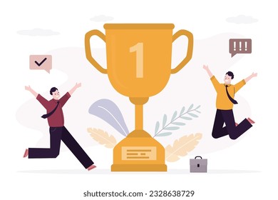 Team of happy winners celebrating near golden cup. Business group has achieved great success and receivedaward or bonus. Achievement of goal, victory in competition, award. flat vector illustration