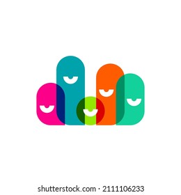 Team of happy young people abstract geometric icon. Holiday logo. Vector cartoon sign with smiling characters