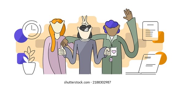 Team of happy young workers. employees of the same business. Entrepreneurs develop strategy and plan. Vector illustration for banner in flat style.
