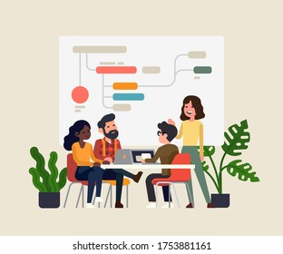 Team having a briefing discussing data shown on a large screen. Company strategy development process concept vector illustration