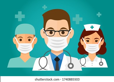Team of health workers icons, doctor and nurses with mask. Covid-19 concept, vector illustration.