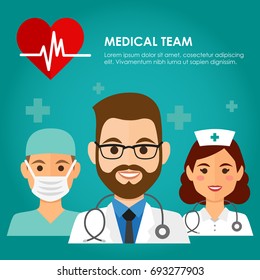 Team of health workers icons, doctor, nurse, and surgeon on blue background. Medical team concept, vector illustration.