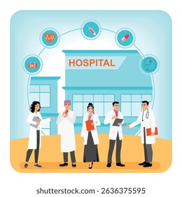 A team of healthcare professionals gathered outside a regional medical center. Representing healthcare services and a dedicated workforce in the medical field. Hospital medical staff concept.
