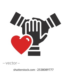 team with heart, nonprofit charity organization icon, philanthropy love, social community concept, volunteer help, flat vector illustration