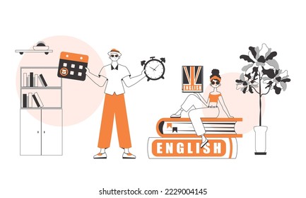 The team helps teach English. The concept of learning a foreign language. Lineart modern style.