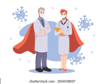 Team of heroic and brave doctors fighting against coronavirus disease. Man and woman in uniforms with papers and stethoscope. Hospital or clinics treatment. Cartoon character, vector in flat style