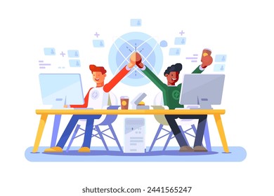 Team High-Five Celebration, vector illustration. Colleagues celebrate success at a tech workspace.