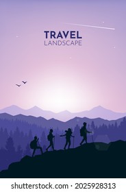 Team of hikers climb mountains. Teamwork. Travel concept of discovering, exploring and observing nature. Hiking tourism. Adventure. Minimalist graphic flyer. Polygonal flat design. Vector illustration