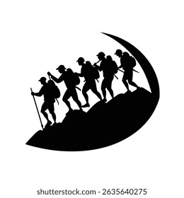 Team Of Hikers Climbing Hill Group Activity Silhouette Vector Art Illustration