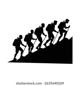 Team Of Hikers Climbing Hill Nature Trekking Silhouette Vector Art Illustration